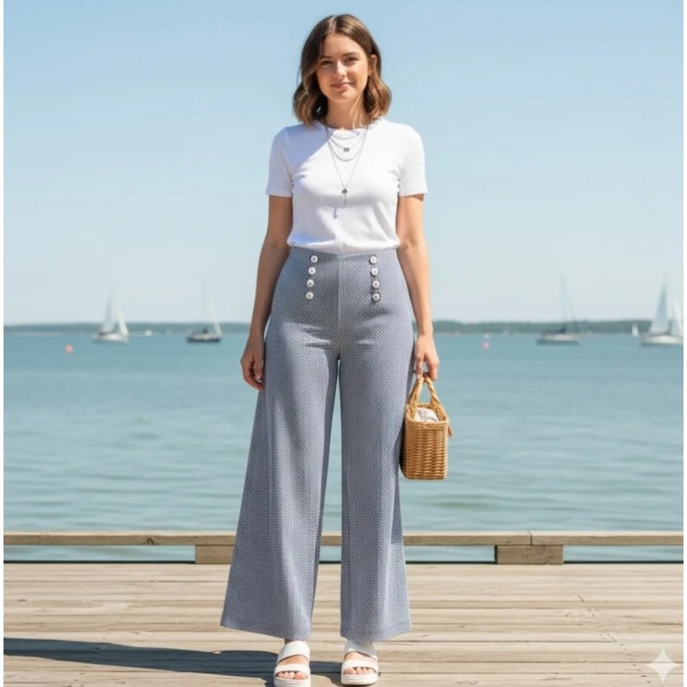 Modcloth Sailing So Smoothly Wide Leg Pants Size‎ 1X Sailor Button High Rise